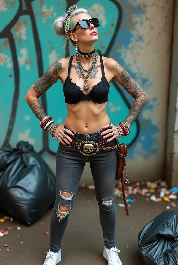 russian old milf woman, grey hair (bouffant, top bun) and oversized square sunglasses and wide colourful bandana as headband, with very light green eyes, extremely pale. Big lips. Black lace push up bra, silicone breast,, dark worn skinny low rise grey jeans with holes on knees ( patched with colourful fabric). White tennis sneakers. Lots of thick wide studded bracelets, chain collars and big rings. Tacky wide studded leather belt with big skull and bones oval buckle. Pistol holster hanging from another loose belt,. Long earrings with chains and feathers. Standing with legs apart, hands on her hips, stretching her neck and looking up in surprise craving., Neck, chest, stomach and wrists heavily tattoed. Toned abdominals, thin neck, slim legs and thin arms. Narrow hips Graffitied wall behind, waste on the ground and piled garbage bags around. Seen from above