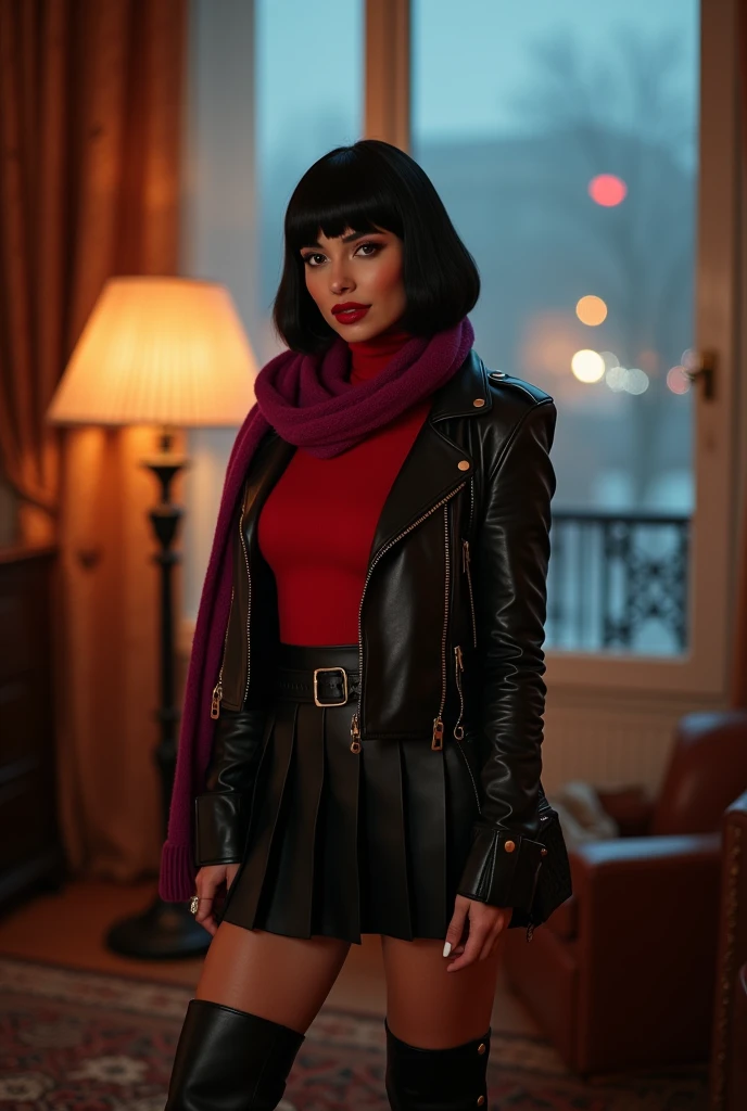 professionally color graded photograph. Nude. An athletic Russian woman. slavic facial features. large breasts. black bob cut wig with bangs. porn style makeup. black eyeliner. rouge blush. glamorous eyelashes. glossy deep ruby red lips. Wearing red turtleneck sweater. Black pleated skirt. Winter thigh high stockings. Black leather high heeled boots. Black leather fitted motorcycle jacket with clasps. Long fuscia wool scarf around neck. Small purse across shoulder. Standing in living room of vintage Soviet apartment in Russia. (night) . Fog and rainy night seen from balcony. romantic mood lighting. Enamored with viewer. (happy smile). POV from front.