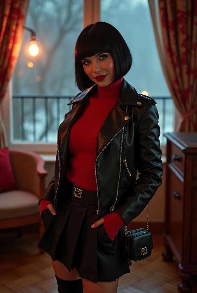 professionally color graded photograph. Nude. An athletic Russian woman. slavic facial features. large breasts. black bob cut wig with bangs. porn style makeup. black eyeliner. rouge blush. glamorous eyelashes. glossy deep ruby red lips. Wearing red turtleneck sweater. Black pleated skirt. Winter thigh high stockings. Black leather high heeled boots. Black leather fitted motorcycle jacket with clasps. Long fuscia wool scarf around neck. Small purse across shoulder. Standing in living room of vintage Soviet apartment in Russia. (night) . Fog and rainy night seen from balcony. romantic mood lighting. Enamored with viewer. (happy smile). POV from front.