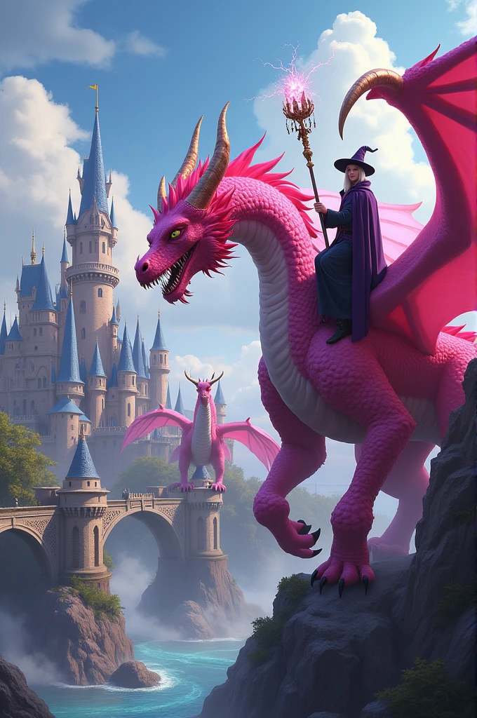 Pink Dragon and Pack, a wizard on top of the dragon, castle and bridge, lady gaga