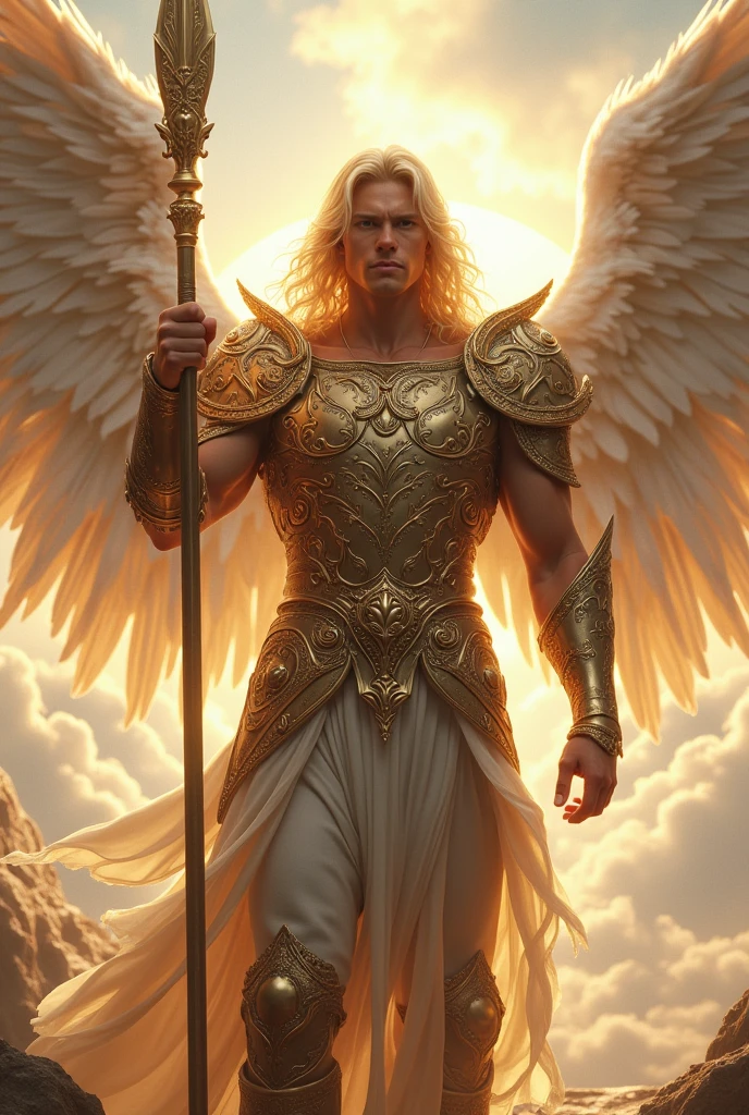 Heavenly scenery, hyper realistic, male, blonde hair, Angelic armor, holding a spear, mighty, dynamic pose, somewhat close,