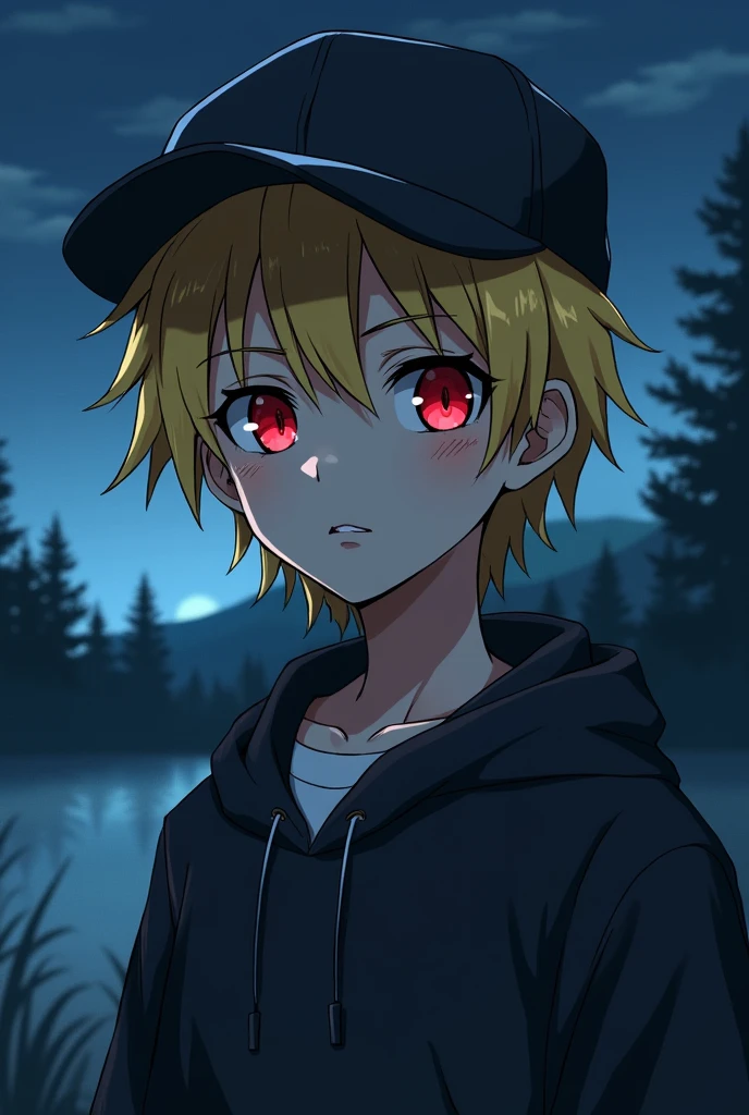 Teenage boy 16, rubio, Red eyes, cap, night landscape, anime style
