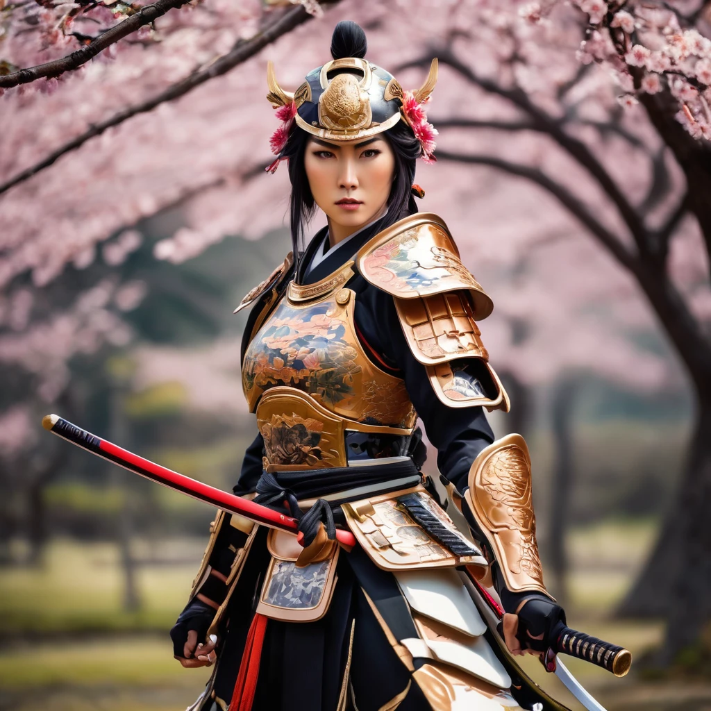 a samurai woman,traditional japanese warrior woman, armors,elsword,fierce expression,olhos intensos,stoic behavior,serene background,detailed body armors,ornamental helmet,sharp katana,dramatic pose,expert elswordsmanship,ancient japanese landscape,cherry blossoms falling,dynamic action,agile movement,Samurai Spirit,Honor and loyalty,Realistic representation,bright coloured,high contrast lighting,shadow and highlights,emotionally charged atmosphere,ink brushstroke style,traditional japanese calligraphy,Graceful elegance,mysterious aura,endless battle,Warrior Code.