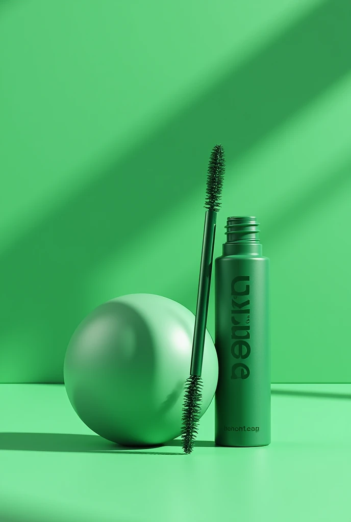 create an image of a mascara that has a round container, the mascara brush is on the outside, The name of the mascara is “LAVEUR” in asymmetrical and contrasting letters. It has various green colors, The packaging is modern and fluid 