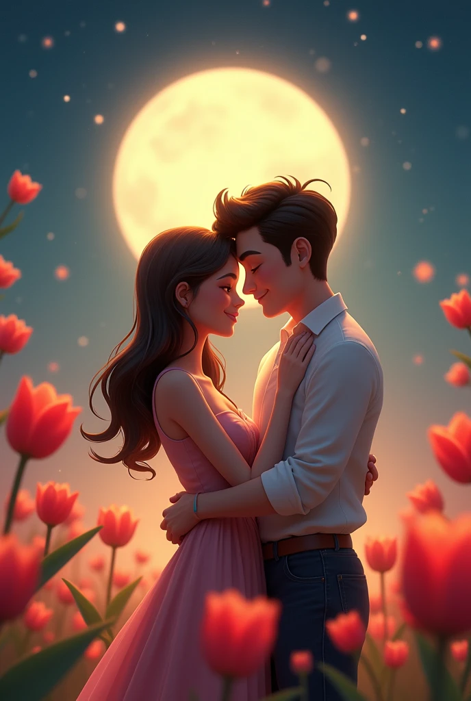 An image of a romantic couple all animated with the moon and tulips