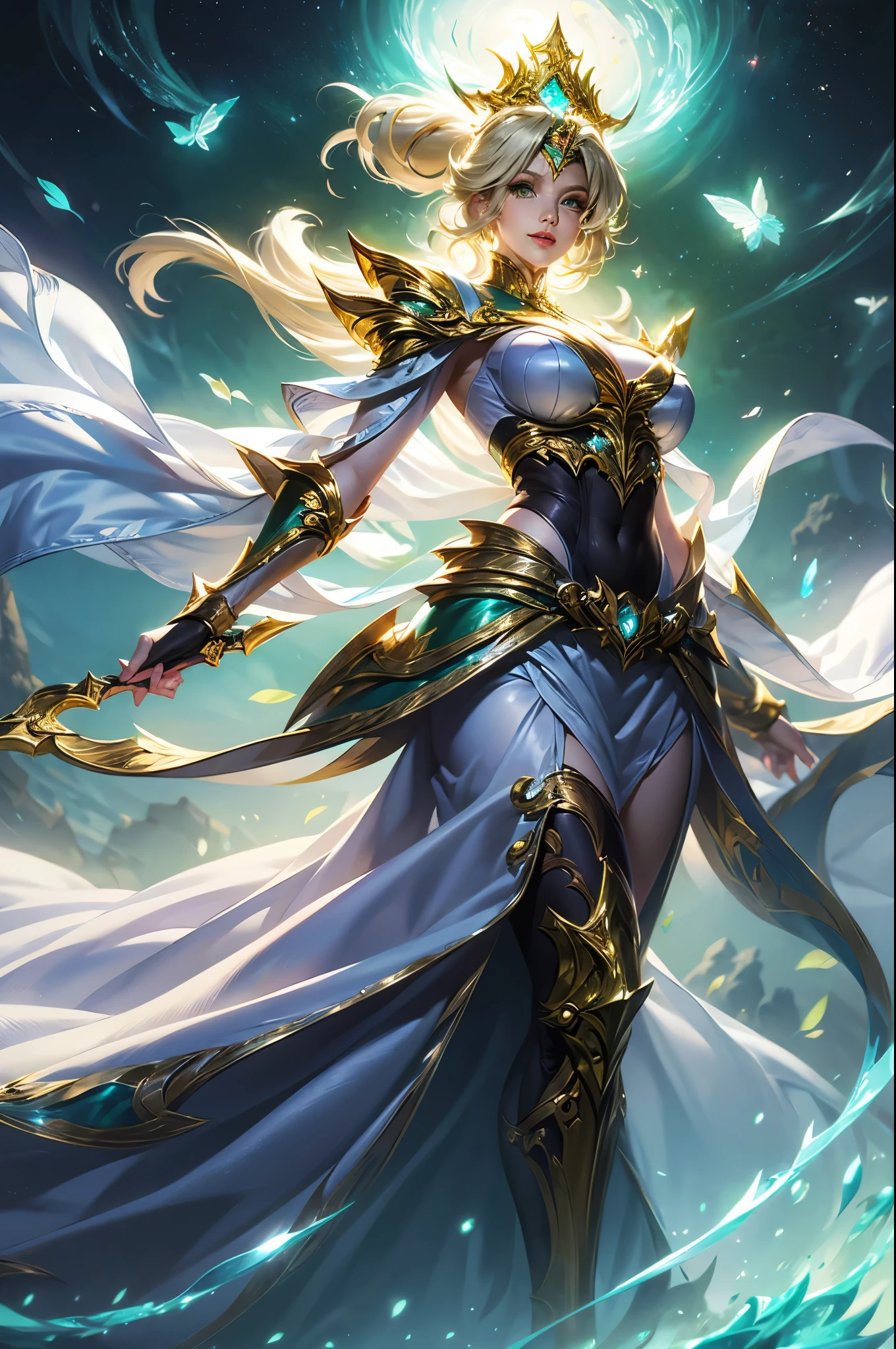 Ultra HD、Ultra-clear、White and beautiful translucent skin、Beautiful and well-proportioned face、Cute smile、Saint Seiya of Libra、Covers the whole body in silver armor、A holy knight in silver armor、Platinum tiara、Silver armor covered in flashy carvings、Heavy silver armor、Translucent beautiful green eyes、Blonde Short-Haired、Big Breasts、Outer space background、ponytail、