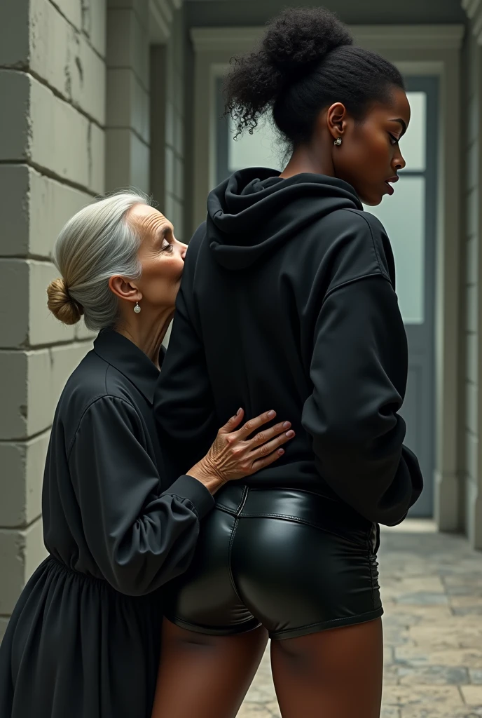 black woman hair in a bun black hoodie black leather short shorts rea;;y in shock as a old grandma in a dress on her knees kissing her ass behind her hand is in her ass holding her ass