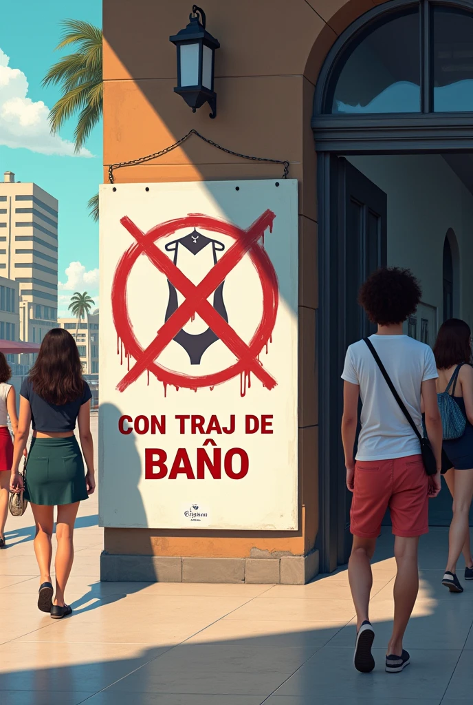 Generate an Ad in Spanish that I mentioned "No entry with bathing suit" 