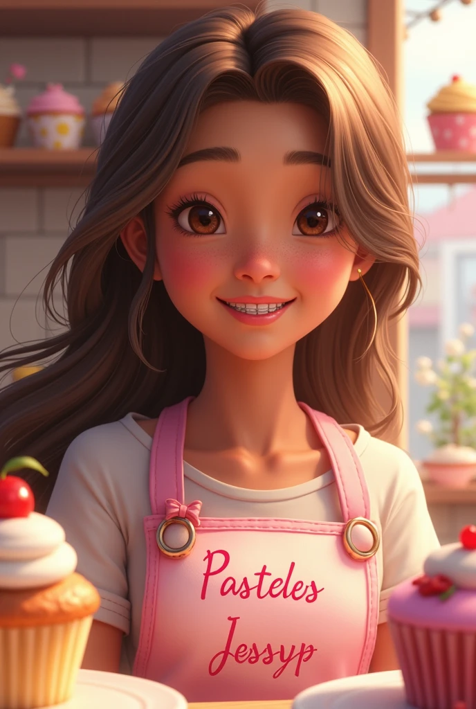 Pastry girl, light brown skin color, dark brown eyes,smiling with braces on teeth, long loose hair, hair with caramel balayage, with a sign on the back “Pasteles JessyP” in pink flowery letters, Pink colour, around cakes, cupcakes