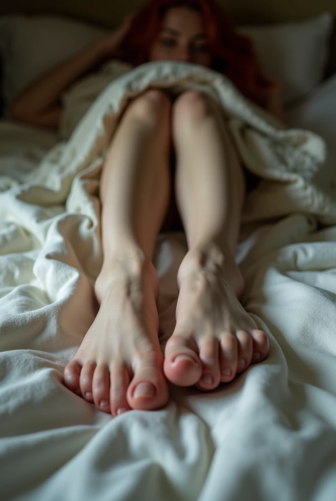 Create a realistic image of feet without showing the nails of a redheaded woman lying on her messy bed 