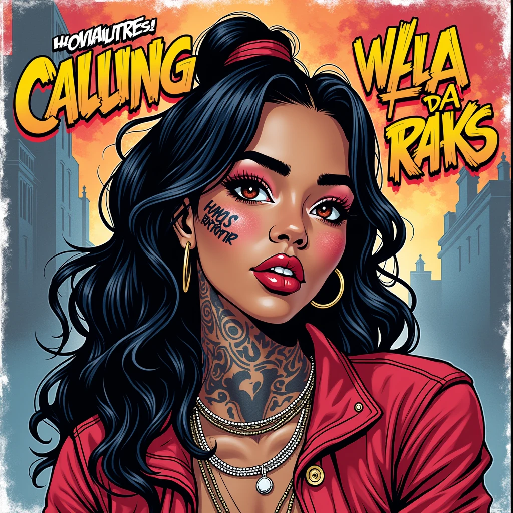 Cool rapper girl, face tattoos, comic stile, album cover, text: „Calling wif da racks“, title says „Calling wif da racks“