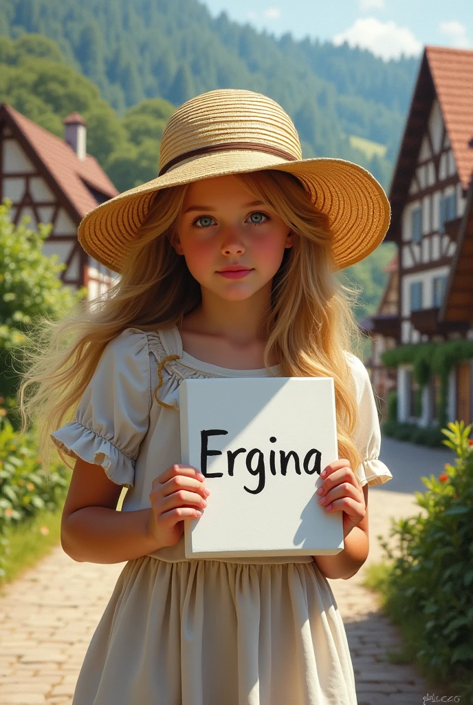 Photorealist, a girl with blonde hair with soon hat , It sits on its back, withaut face profil, painting on canvac her name Ergina, out door, in bavaria germany village with traditional house some like paisytale
