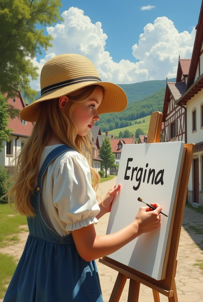 Photorealist, a girl with blonde hair with soon hat , It sits on its back, withaut face profil, painting on canvac her name Ergina, out door, in bavaria germany village with traditional house some like paisytale