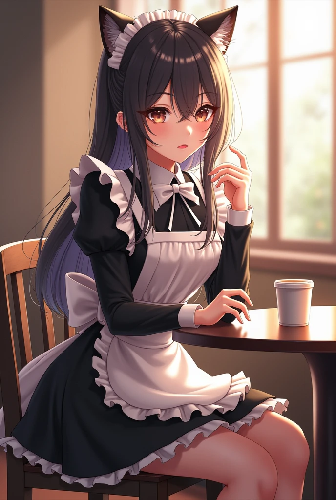 arafed woman in a maid outfit sitting on a table with a cup of coffee, cosplay chica anime, gorgeous maid, anime girl in real life, cosplay anime, perfect android girl, cosplay, cosplay completo, attractive anime girl, with headphones, a Hyperrealistic schoolgirl, Hyperrealistic schoolgirl, cosplay photo, cat boy cosplay! maid! dress