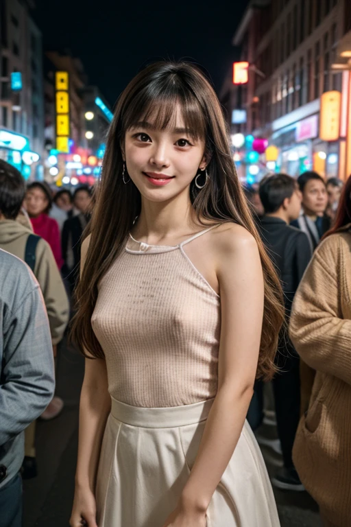 1 Japanese beautiful girl,28yo girl, Super beautiful detailed face, (smile:1.4), earrings, (brown semi-long flipped hair style:1.4, bangs),(front view), (medium shot), (chubby body), (neutral-colored large areola),(completely nude:1.3),hairy pussy,puffy nipples, Naked, BREAK, masterpiece, best quality, ultra quality, high quality, realistic, photo realistic, RAW photo, hyper detailed, intricate detaile,(crowded street:1.3),cinematic lighting,(picture above the knee),
