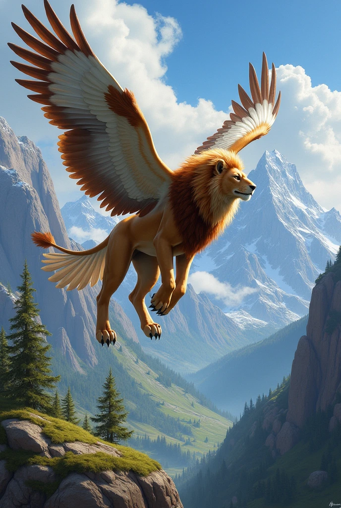 Create the image of a lion with eagle wings beginning to take flight over a mountain slope