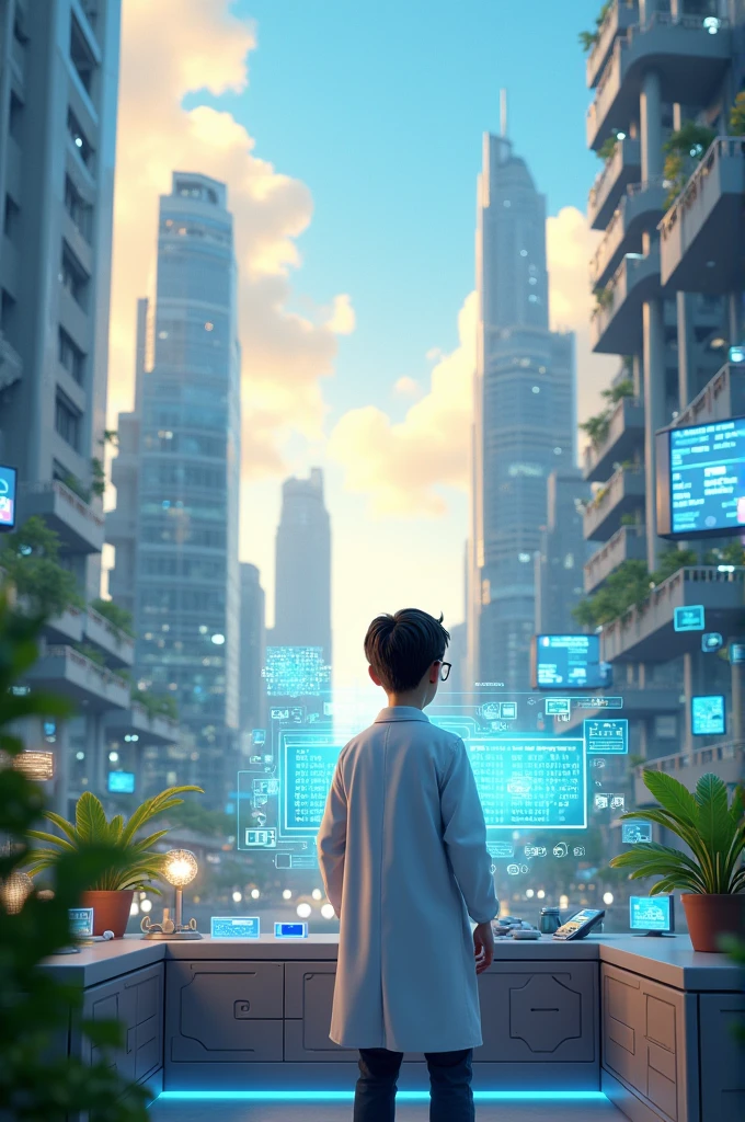 Realistic 3D with Fantastic Touch"
Show a modern city, vibrant and full of life, with glass skyscrapers reflecting the soft light of dawn. In the center of the scene, Lucas, a young and dedicated scientist, is in a high-tech laboratory. He wears a white lab coat and protective glasses., focused on a glowing blue hologram representing their secret sustainable energy project. The laboratory is futuristic, with floating screens, advanced equipment and green plants in the background, symbolizing the search for an environmental solution. The image must have realistic 3D quality, with vibrant colors and a touch of fantasy, like in animated movies. The composition must capture both the normality of the urban environment and Lucas's determined focus on his work., in an expressive and detailed style.