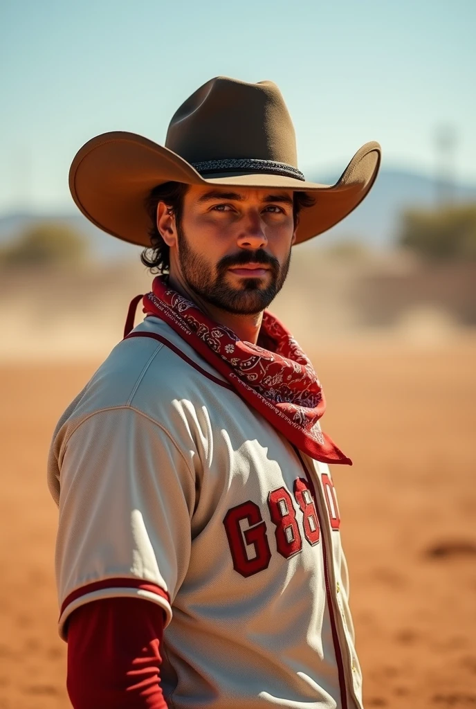 Baseball wearing a cowboy hat and bandana