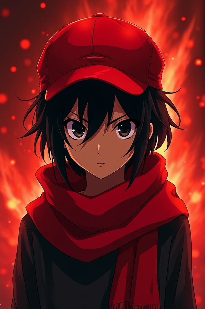 Fanart of an anime with a red cap with black eyes black hair brown skin with a scarf with a red background on fire adult