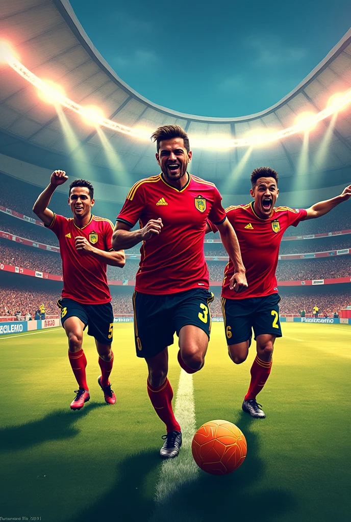 create an illustration of the flamengo team. I would like to have the stadium as a background and some players in the environment, more specifically gabigol pedro and arrascaeta