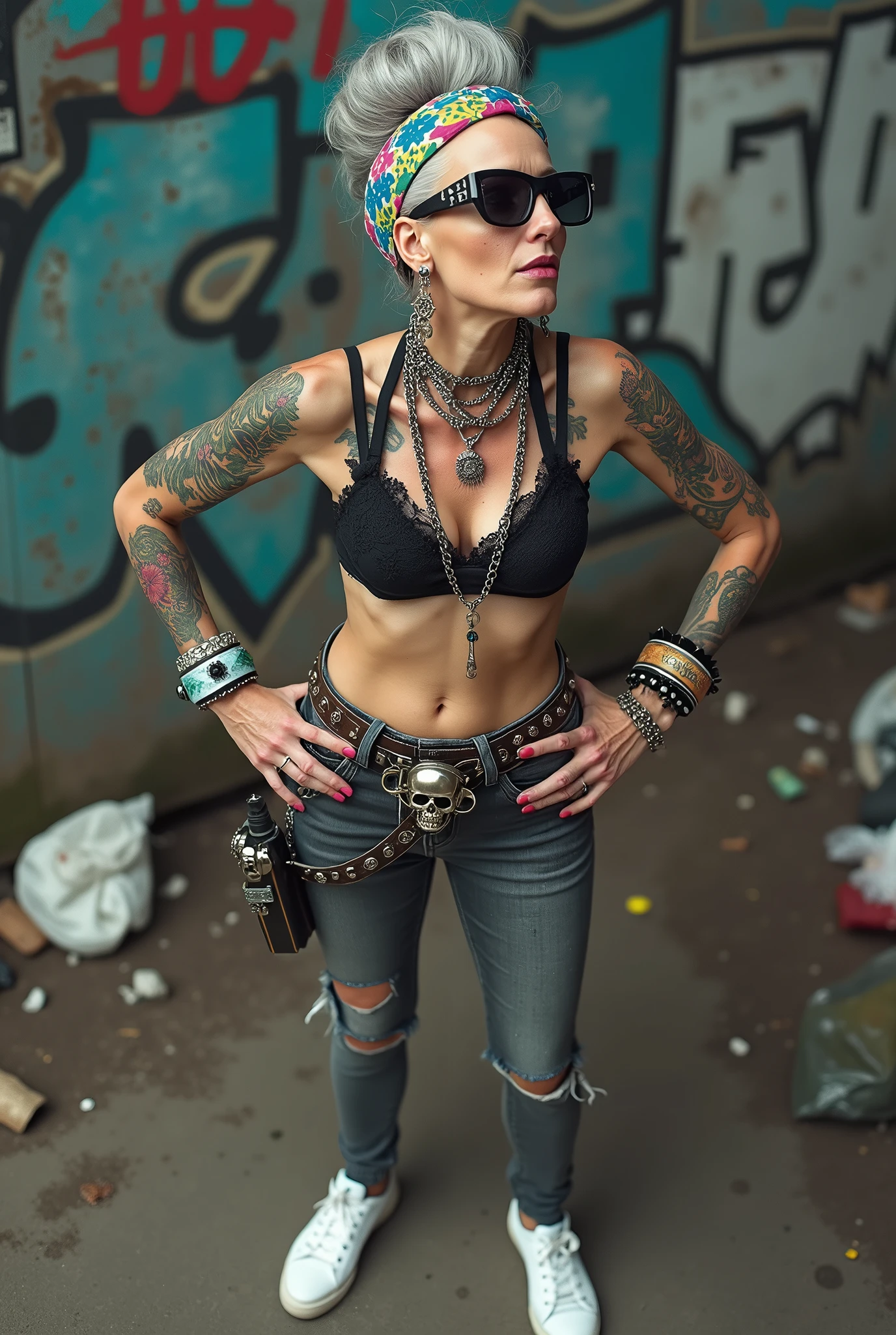 russian old milf woman, grey hair (bouffant, top bun) and oversized square sunglasses and wide colourful bandana as headband, with very light green eyes, extremely pale. Big lips. Black lace push up bra, silicone breast,, dark worn skinny low rise grey jeans with holes on knees ( patched with colourful fabric). White tennis sneakers. Lots of thick wide studded bracelets, chain collars and big rings. Tacky wide studded leather belt with big skull and bones oval buckle. Pistol holster hanging from another loose belt,. Long earrings with chains and feathers. Standing with legs apart, hands on her hips, stretching her neck and looking up in surprise craving., Neck, chest, stomach and wrists heavily tattoed. Toned abdominals, thin neck, slim legs and thin arms. Narrow hips Graffitied wall behind, waste on the ground and piled garbage bags around. Seen from above