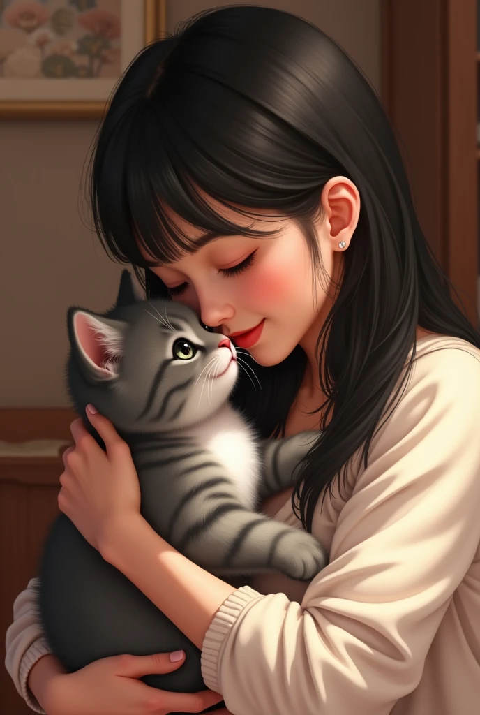 A woman with straight black hair and her cute gray kitten with white chest hugging her kitten