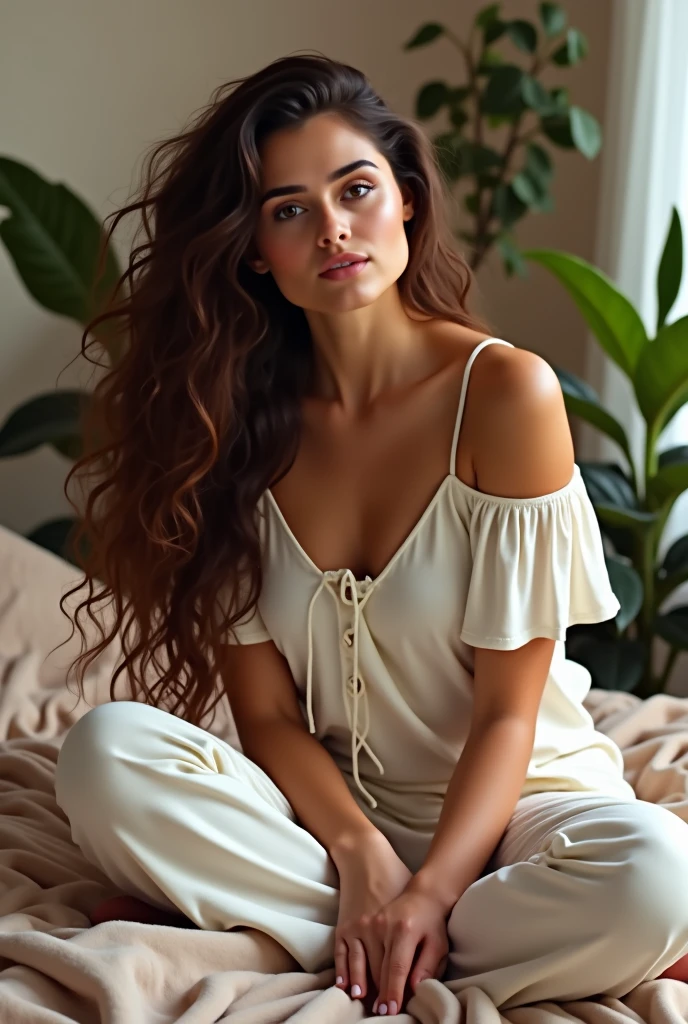 (photorealism:1.2), beautiful woman, colorful home clothes, biting nails, at home, living room, eating popcorn, long curly hair, indoors, soft lighting, relaxed pose, realistic, intricate details, warm colors, 