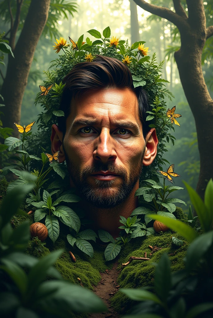 Messi&#39;s face in a landscape in the Amazon rainforest 