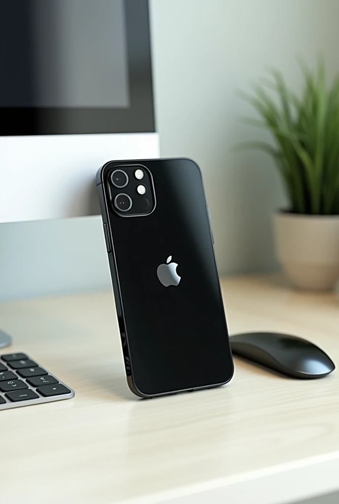 (photorealism:1.2), a black iPhone 15 max with logo apple on a light table with an iMac pro, a small green plant