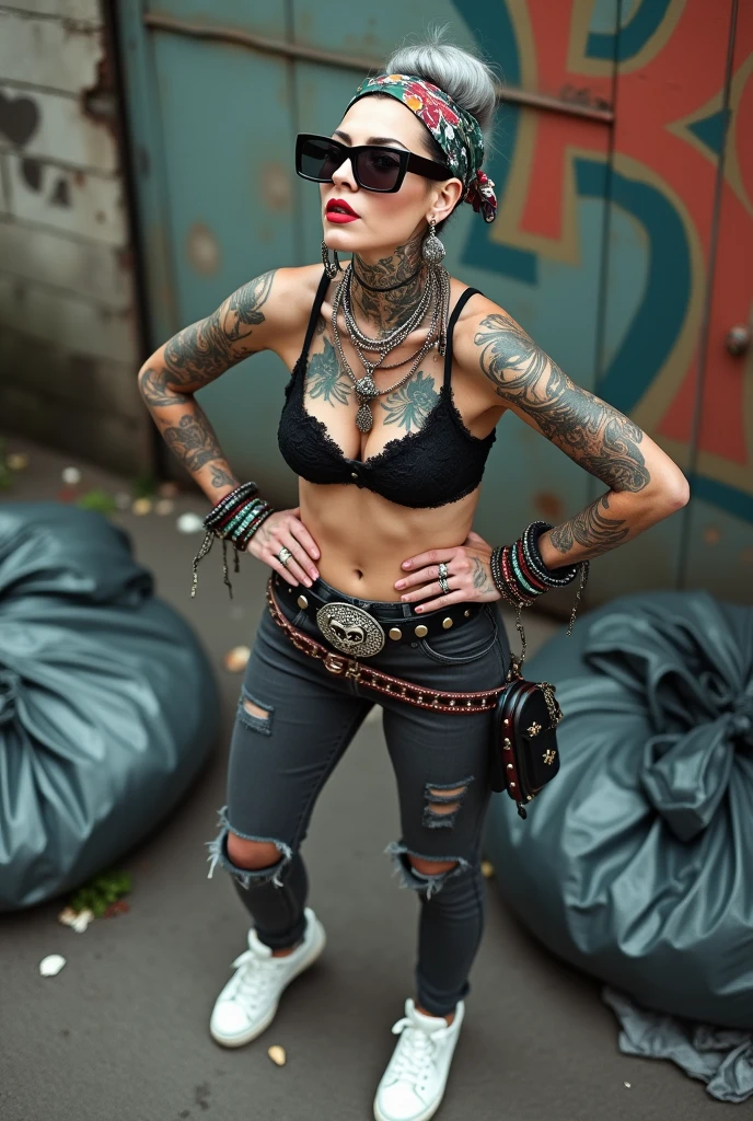russian old milf woman, grey hair (bouffant, top bun) and oversized square sunglasses and wide colourful bandana as headband, with very light green eyes, extremely pale. Big lips. Black lace push up bra, silicone breast,, dark worn skinny low rise grey jeans with holes on knees ( patched with colourful fabric). White tennis sneakers. Lots of thick wide studded bracelets, chain collars and big rings. Tacky wide studded leather belt with big skull and bones oval buckle. Pistol holster hanging from another loose belt,. Long earrings with chains and feathers. Standing with legs apart, hands on her hips, stretching her neck and looking up in surprise craving., Neck, chest, stomach and wrists heavily tattoed. Toned abdominals, thin neck, slim legs and thin arms. Narrow hips Graffitied wall behind, waste on the ground and piled garbage bags around. Seen from above