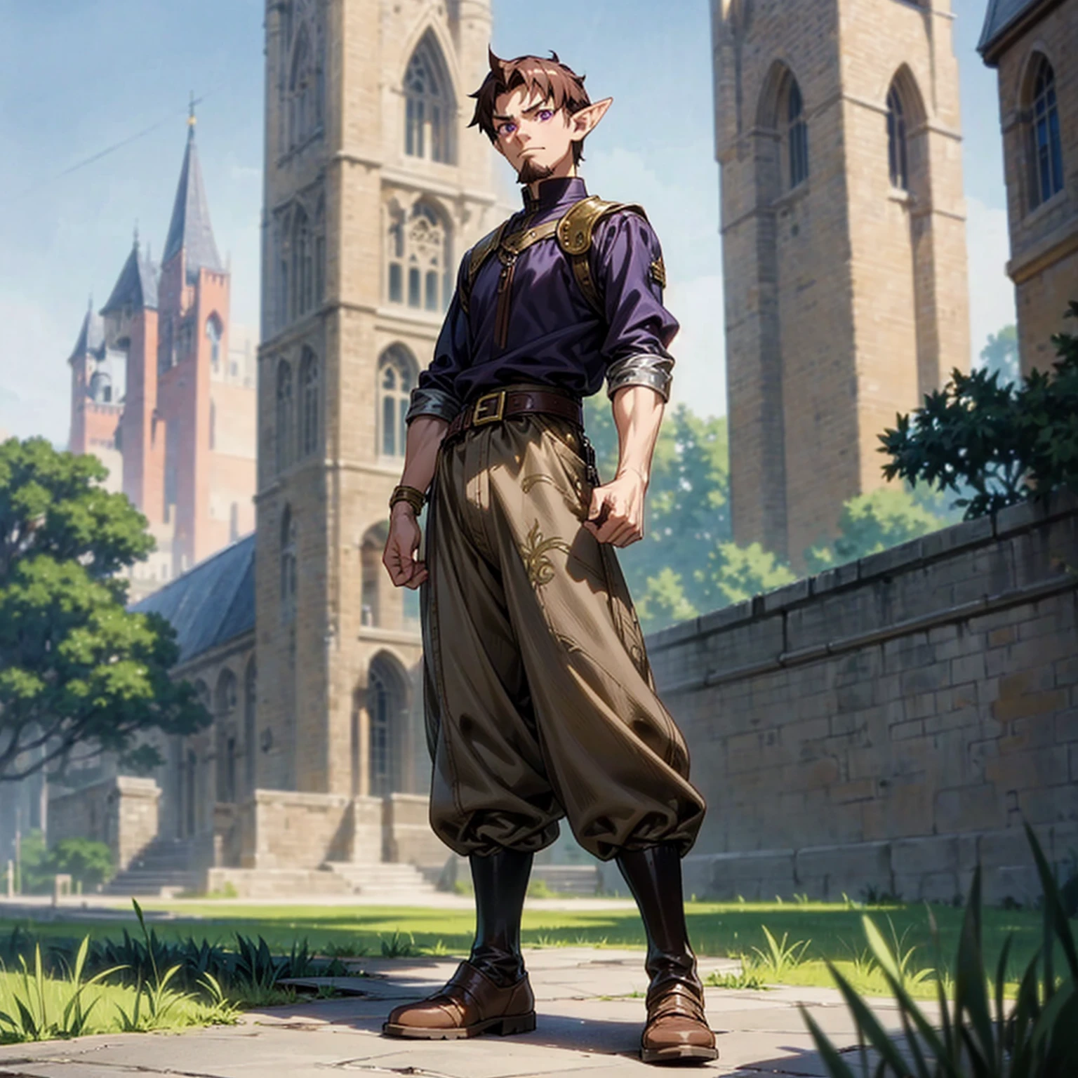 Solo character, full body version, middle aged man, chin beard, tall height muscle, (elf), purple eyes, brown color hair, undercut hair, black shirt, brown long pants, Boots, belt, outdoor, park, town, medieval, standing gesture, detailed background, detailed clothing, detailed hair, (Makoto shinkai style art), gold armor