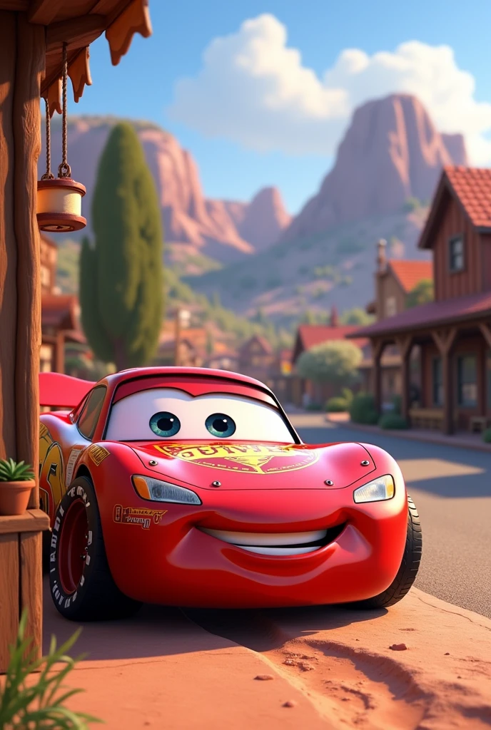 McQueen is in Radiator Springs, relaxing after a racing season.

colors: Vibrant, metallic hues to capture the excitement of racing and the shine of cars.

Personagens: Faithful to the style of the movie Cars, focusing on the vehicles&#39; facial expressions.

texto: Speech bubbles that capture the spirit of the film, with some simple explanations about statistics integrated into the dialogue.