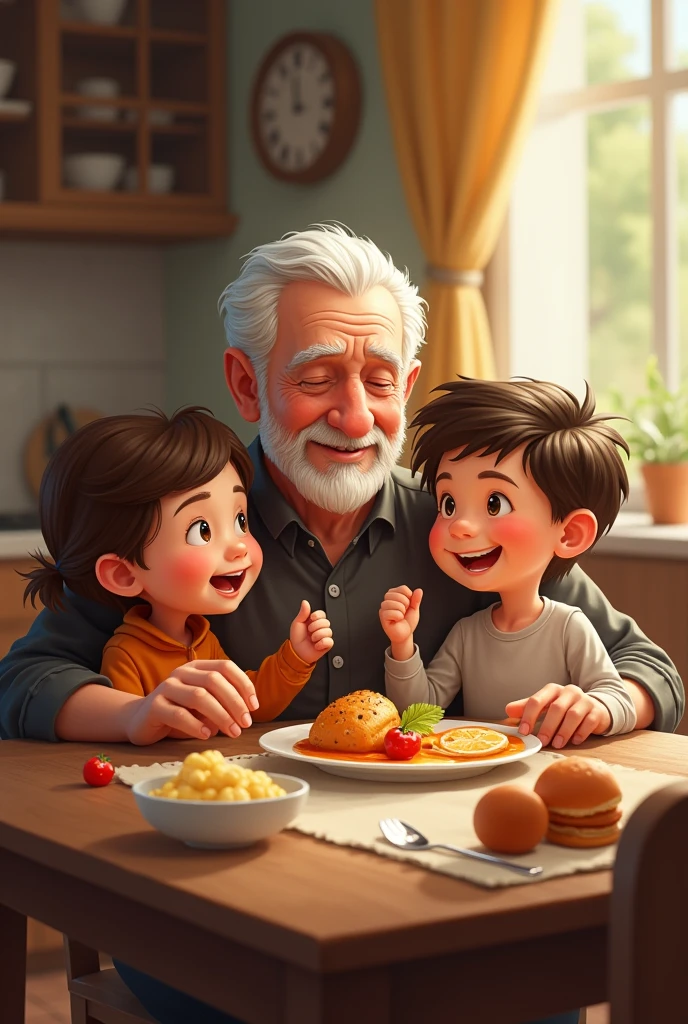 Children eating with their grandfather