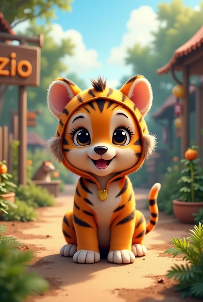 puppy cute Tiger costume Zoo background Real