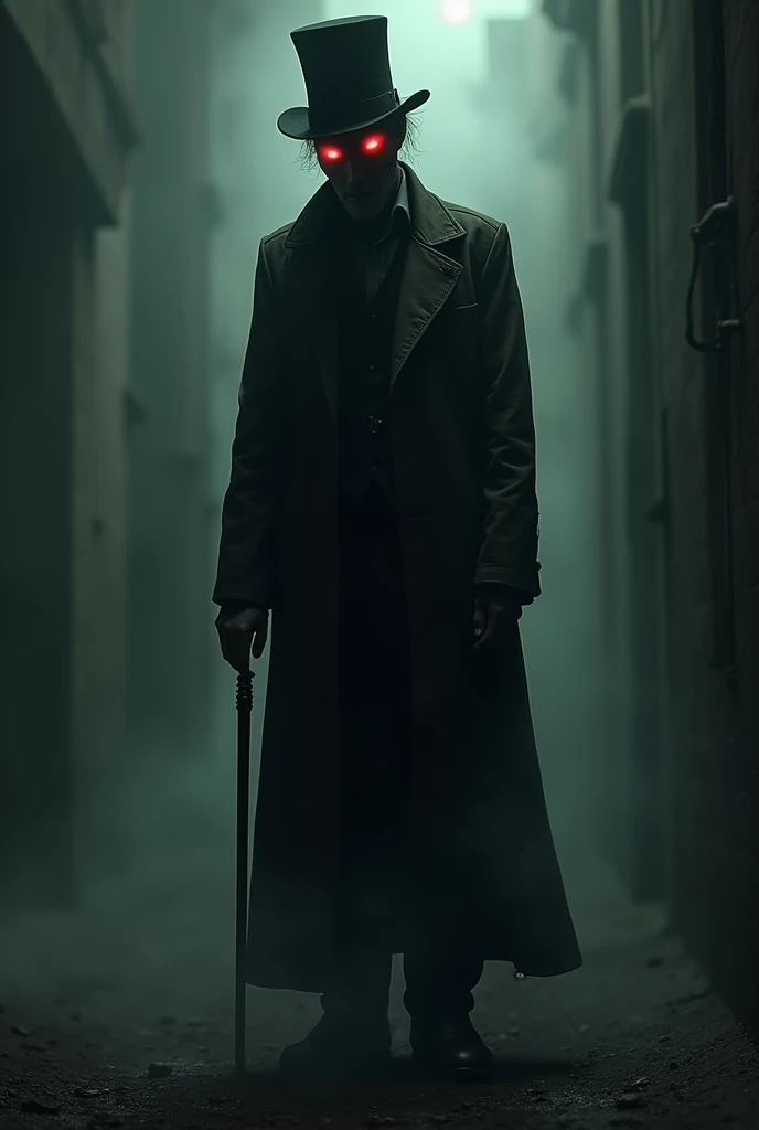 a tall, slender figure appeared, dressed in an old, worn-out suit. A top hat rested on top of his head, tilted slightly to the side. His face was almost invisible, except for the eyes—two red embers burning in the darkness. He held a cane