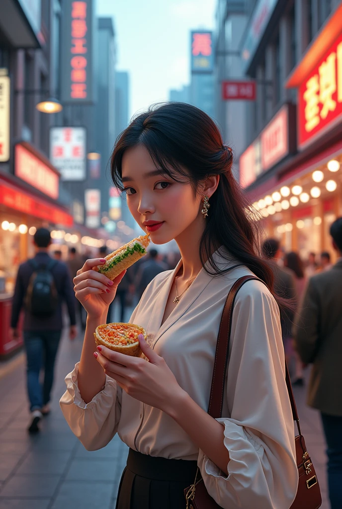 Korean woman eating Kimbap on the street in Seoul
