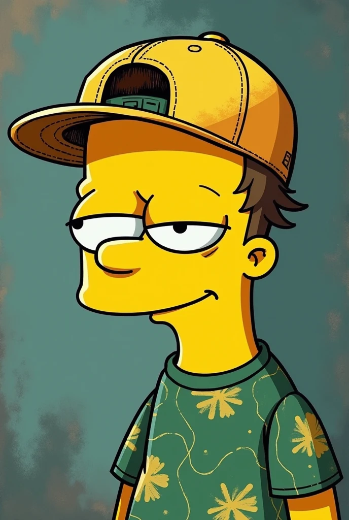 photo Bart grunge style tie dyed yellow smile cap backwards green day long plaid shirt with drawing lines low definition high quality relaxed relaxed eyes yellow color relaxed drawing