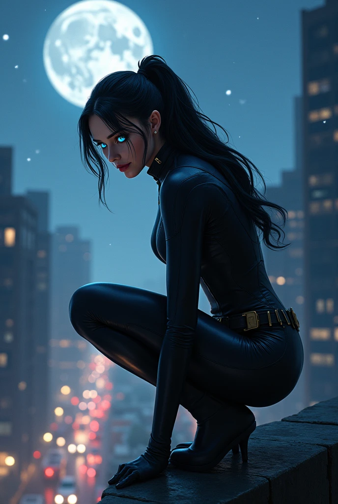 Make-me a image; Marvel comics panel; A woman with long black hair tied in a ponytail with some loose strands in the front, the color of the iris of her eyes is a light and mesmerizing blue, she is wearing a black outfit that covers her entire body, with a utility belt at her waist. She is crouched on the edge of a building, the full moon shines along with stars in the sky , the street below is busy with cars and people. can dynamic, dynamic light, dynamic shadow, full body image and blue and gray light filter.
