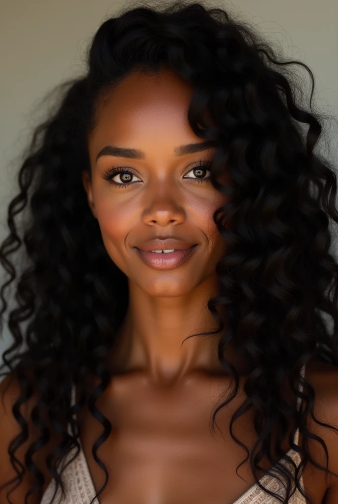 A young, beautiful and black girl who looks like Adriana Lima has brown eyes and long coily black hair