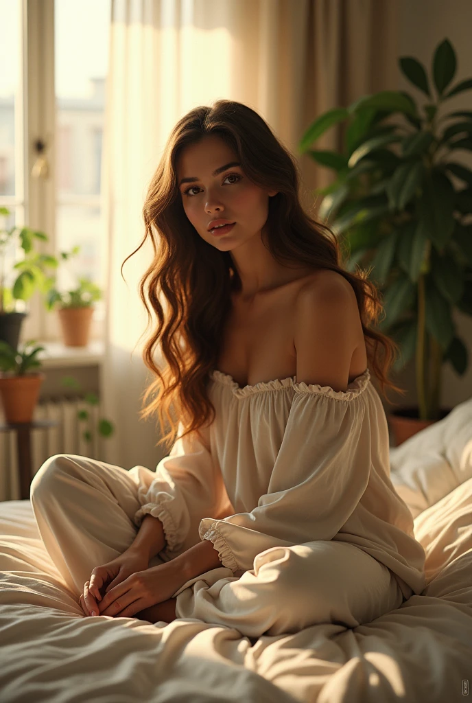 (photorealism:1.2), beautiful woman, sitting on bed, wearing loose off-shoulder top, pajama pants, long curly hair, indoors, soft lighting, plants in background, window with sunlight, cozy room, relaxed pose, realistic, intricate details, warm colors, by Greg Rutkowski, by Alphonse Mucha