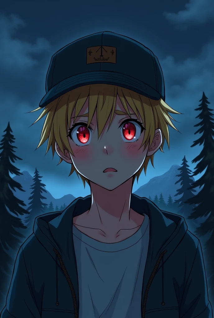 Teenage boy 16, rubio, Red eyes, cap, night landscape, anime style 