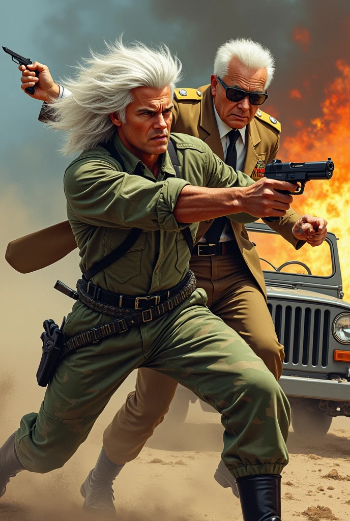 I want an illustration of Macgyver Richard Dean Anderson with long white punk cut hair and a red Swiss Army knife in his hand wearing a light green and dark green camouflage soldier suit without a gun ,fighting Murdoc actor Michael Des Barres with a big face and young, short white hair, and dark glasses and a brown suit and tie, and a sand-yellow military jacket and a sand-yellow military commander's cap with a golden shield and a gun in his hand and in the background a jeep exploding.