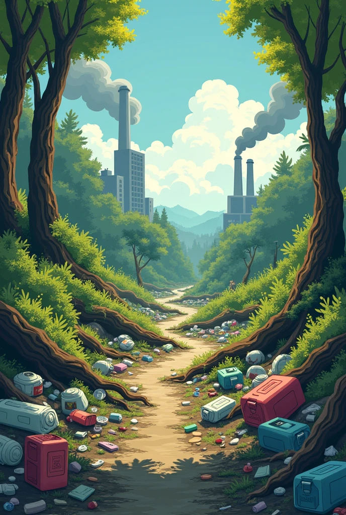 The floor in nature is completely filled with garbage, waste, and oil cans, and non-ecological materials. In the background, full of factories, buildings in gray color, from which black smoke comes out, and behind it, nature, which is not in such a good condition.
I want the picture to be more colorful, not like the real thing, and not so many and bright colors, softer and not to have the factories in the middle, but on the two sides.I want the picture to be more cartoonish and it looks like I'm drawing on a computer