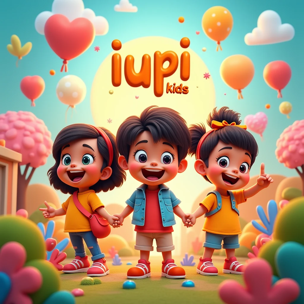 "Design a playful and vibrant banner 3D for a children's YouTube channel named 'IuPi Kids'. The logo should feature bright colors, fun illustrations, and a friendly, approachable style. Include multiple children in the design to emphasize the channel’s focus on diverse and engaging content for kids."