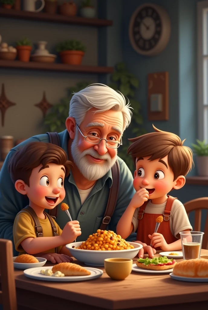 Male children eating with their grandfather
