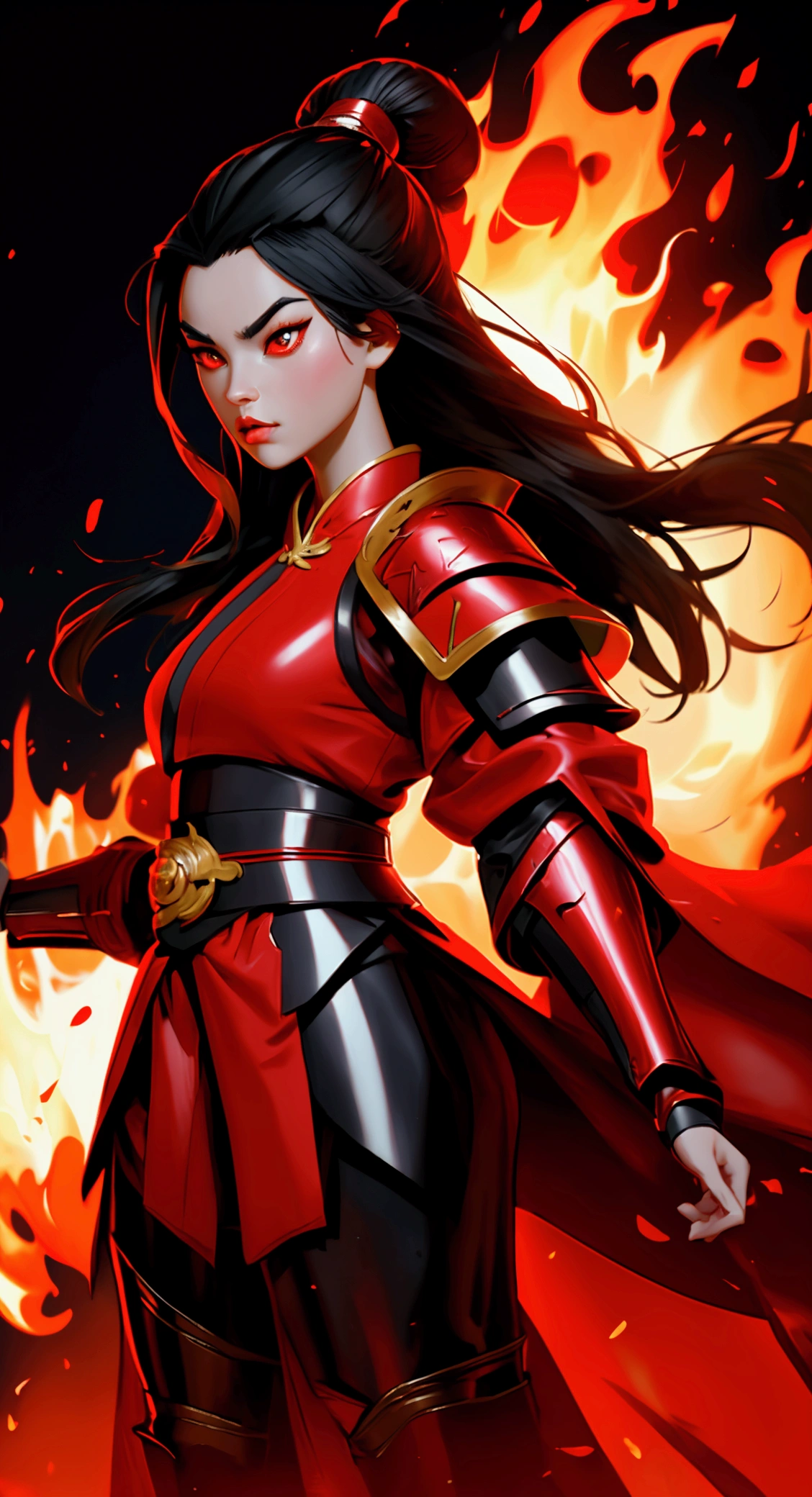 envision a 8k, highres, cinematic, full body design sheet portrait of a fierce girl named Azula with long black hair in a Chinese bun Red eyes, wearing a warrior robe with leather armor plates and fire effects against a dark background