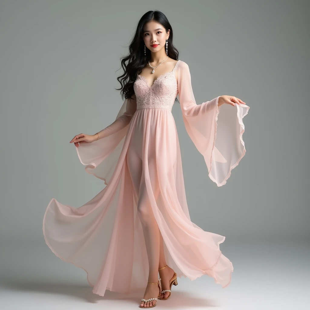 A full-body image of an Asian woman with an angelic essence, standing gracefully against a gray background. She wears a blush pink chiffon gown that flows elegantly to the ground, with delicate lace accents around the bodice and sleeves. The gown’s airy fabric sways softly, reminiscent of fluttering wings. Her long, black hair cascades in soft waves, framing her serene, glowing face with bright, almond-shaped eyes. Her delicate sandals are adorned with small pearls, adding a touch of divine beauty. She wears a delicate chain necklace with a raw pearl pendant and matching pearl drop earrings, catching the light and enhancing her ethereal charm.