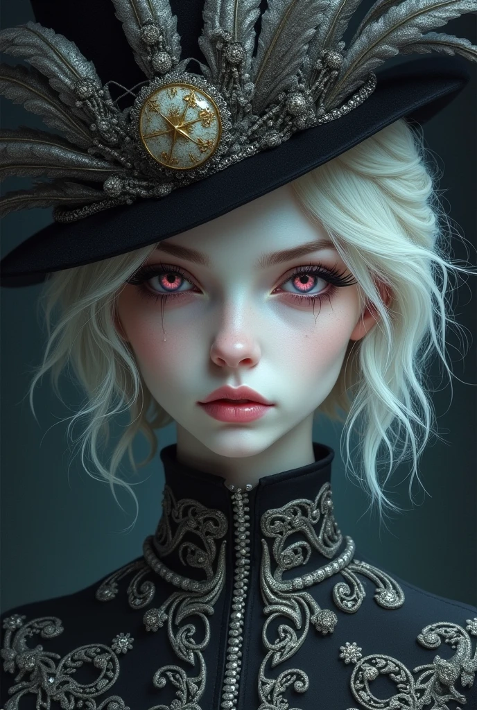 Dark and melancholic drawing style, woman with small eyes and evil expression, short, loose white hair, white eyelashes, very pale albino girl with pink eyes but very pale and dark. Beautiful but really cruel face Hat full of feathers that partially covers her face and elegant clothes of a pink duchess full of silver accessories, just so that his face can be seen in the image. Still the image must look dark and the girl's expression malevolent and mysterious.