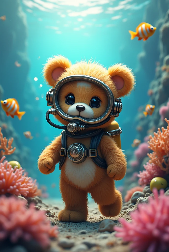 Diving Bear Cub: A teddy bear cub equipped with a diving mask and an oxygen tube, exploring a coral reef. Metallic finish highlights the water surface and equipment details.