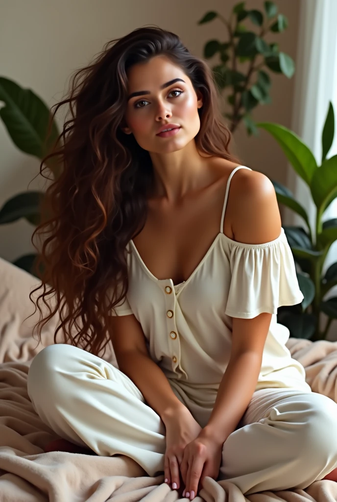 (photorealism:1.2), beautiful woman, ( colorful home clothes ), biting nails, at home, living room, eating popcorn, long curly hair, indoors, soft lighting, relaxed pose, realistic, intricate details, warm colors,